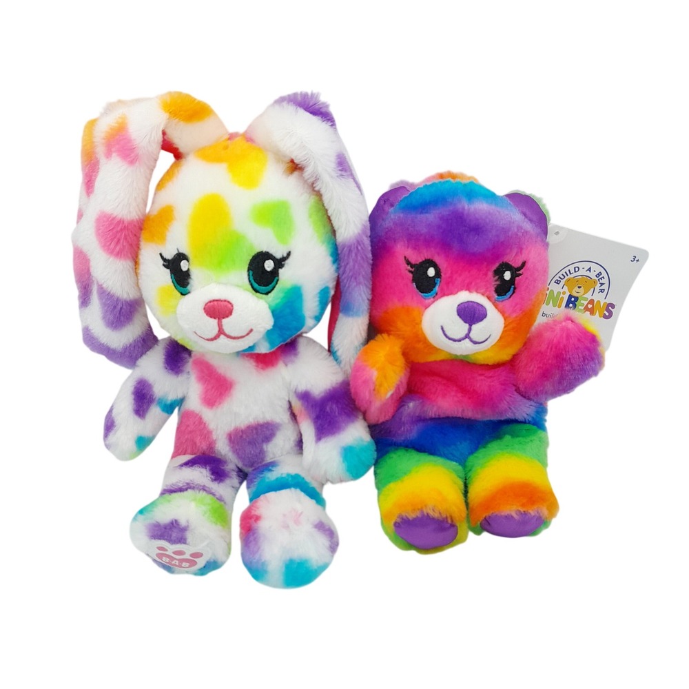 Build-A-Bear Rainbow Hearts Bunny and Mini Beans Rainbow Stripes Bear Plush Set